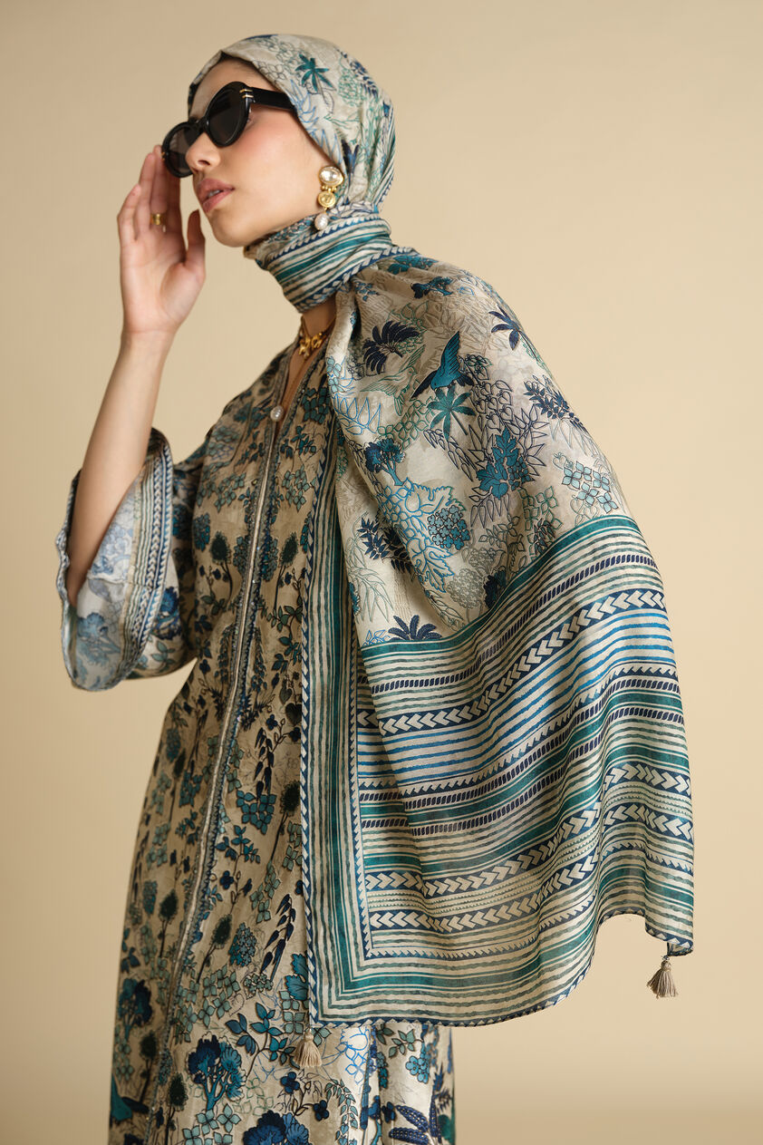 Avis Printed Silk Stole - Ivory, Beige, image 1